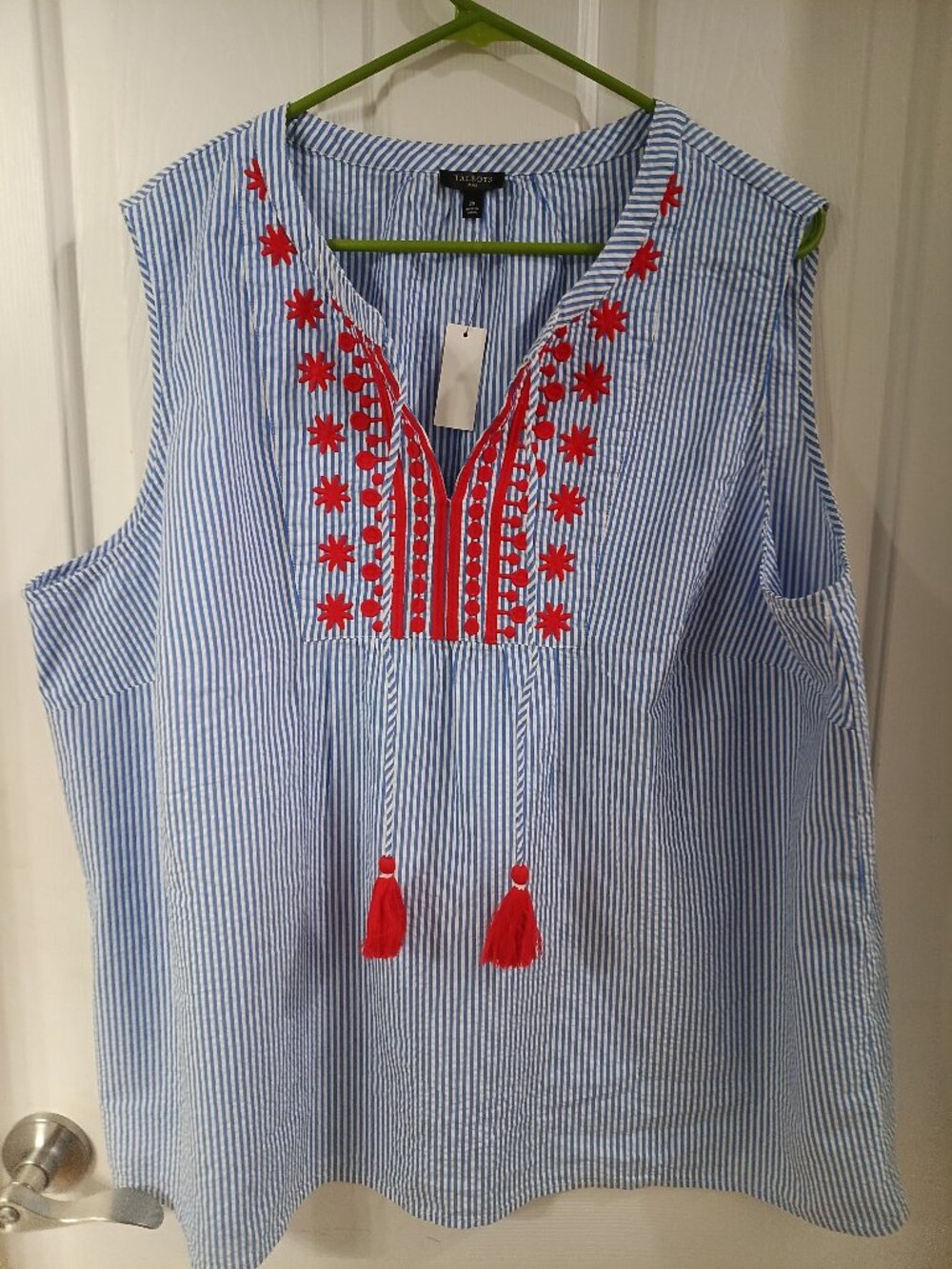 Talbots, sleeveless, blue stripe with red embroidery